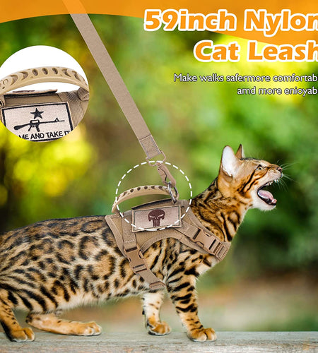 Tactical Cat Harness and Leash Set for Walking Escape Proof, Adjustable Large Cat Vest Harness with Molle Patches, Soft Mesh Padding, Rubber Handle Easy to Control